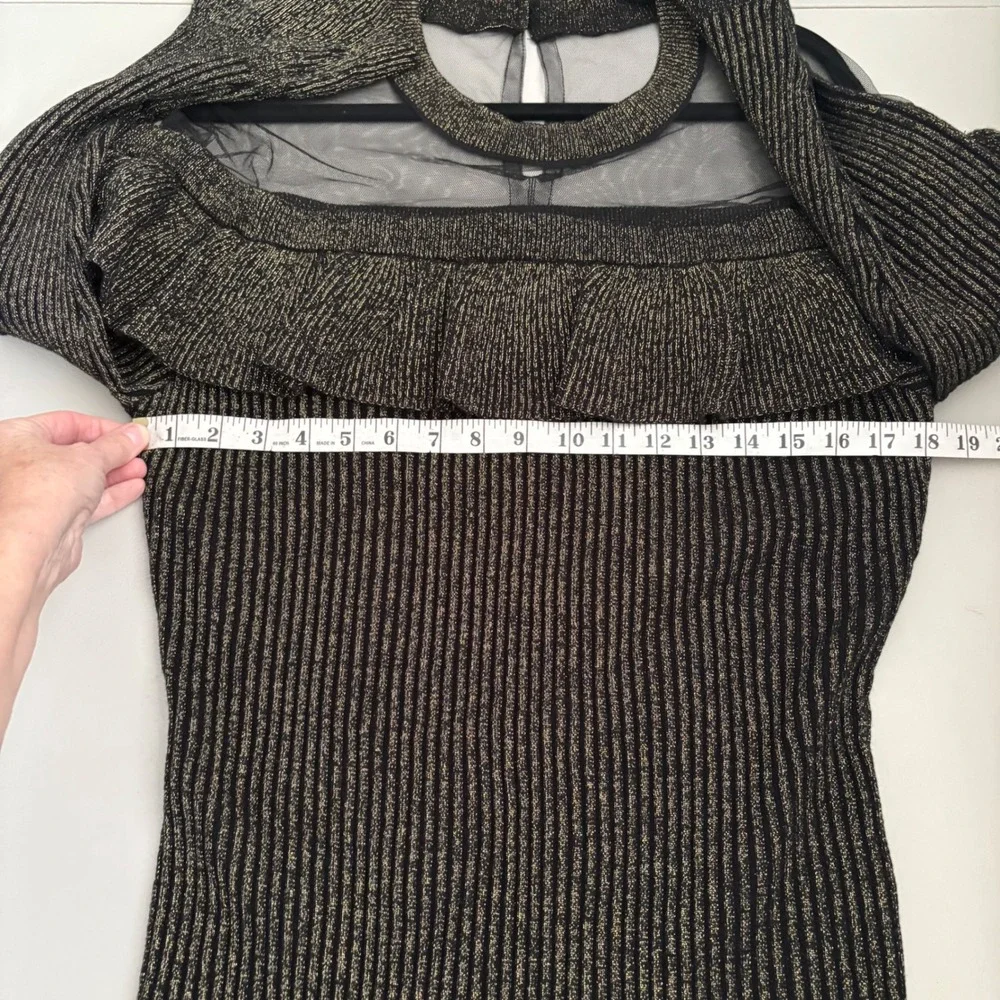 Venus Metallic Gold Ribbed Knit Ruffle Mesh Dress XL Bell Sleeve Mock Neck Party